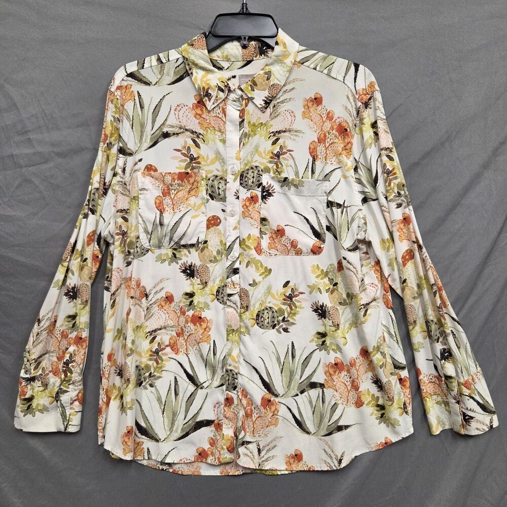 Chico’s Size 2P (12-14P)  CACTUS SUCCULENT Print long sleeve button down